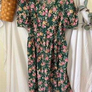 Green Floral Button-Front Midi Dress